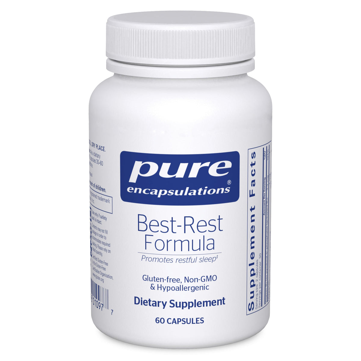 Pure Encapsulations Best‑Rest Formula frasco frontal mostrando 60 cápsulas, claridad en ingredientes