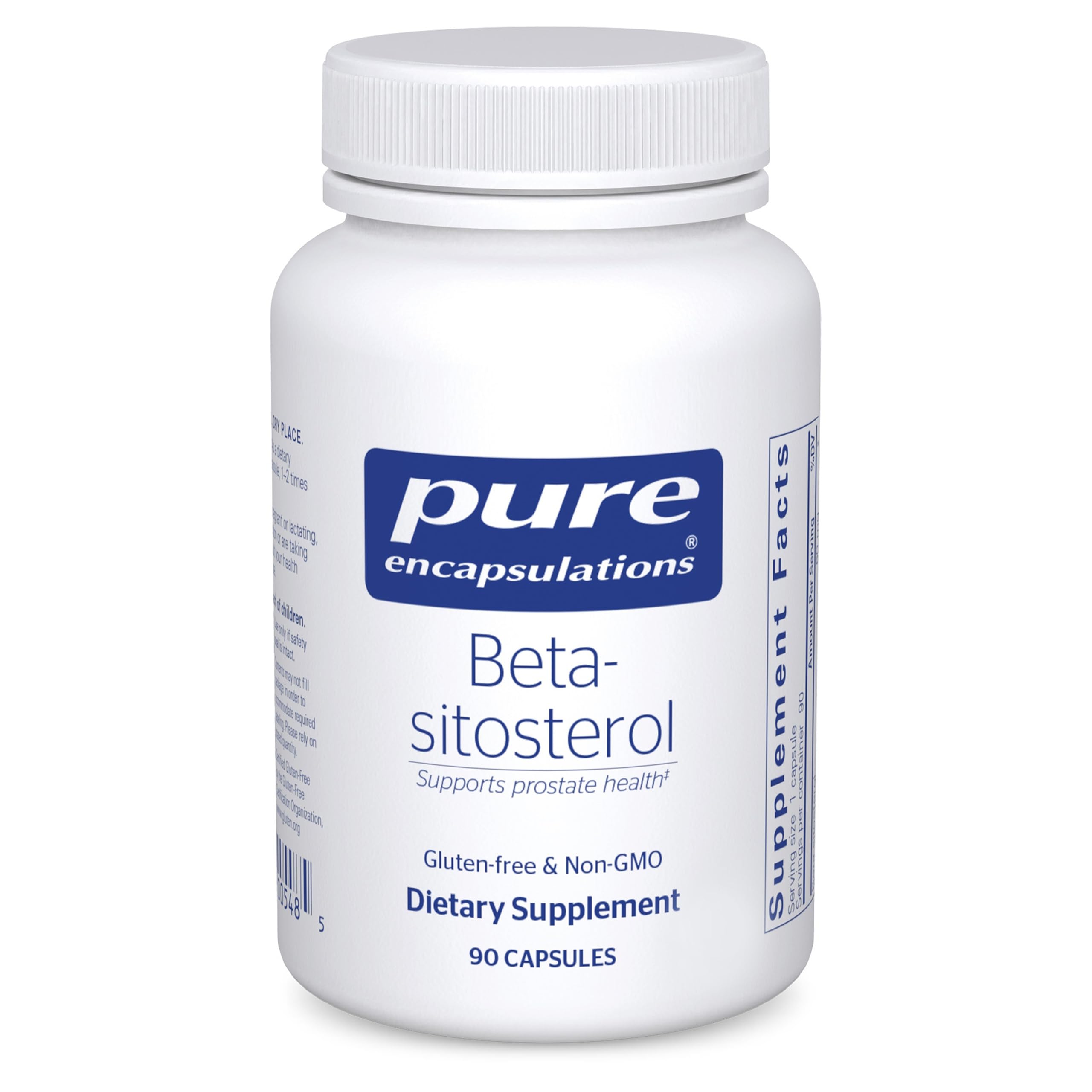 Pure Encapsulations envase frontal del beta-sitosterol mostrando el tamaño y diseño