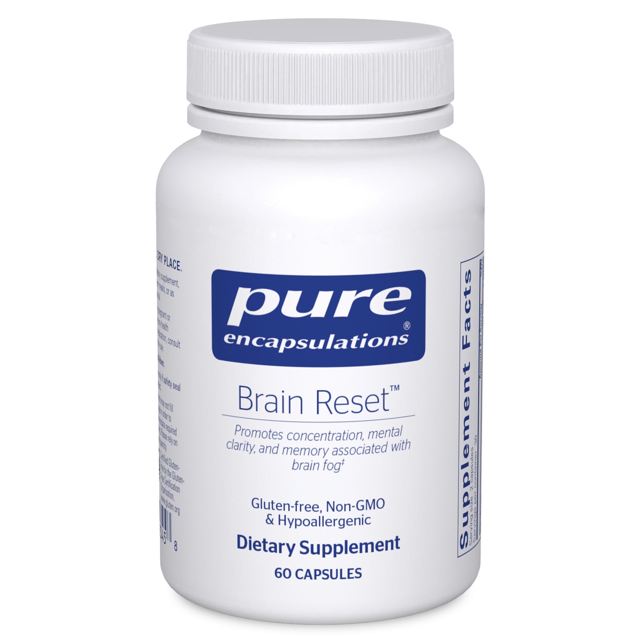 Pure Encapsulations Brain Reset vista frontal mostrando el envase y beneficios