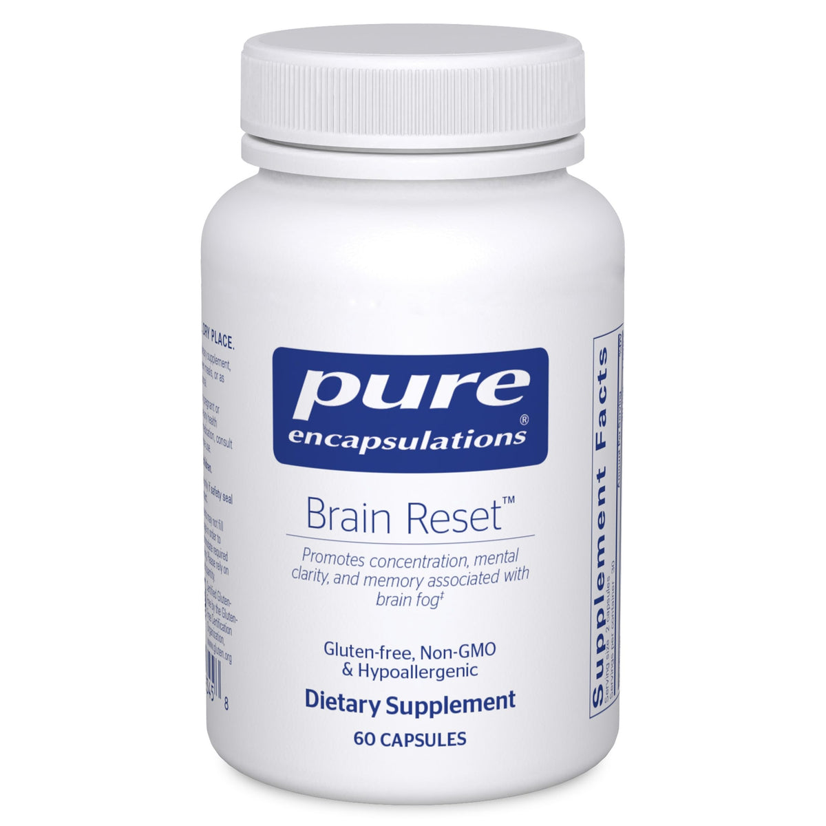 Pure Encapsulations Brain Reset vista frontal mostrando el envase y beneficios