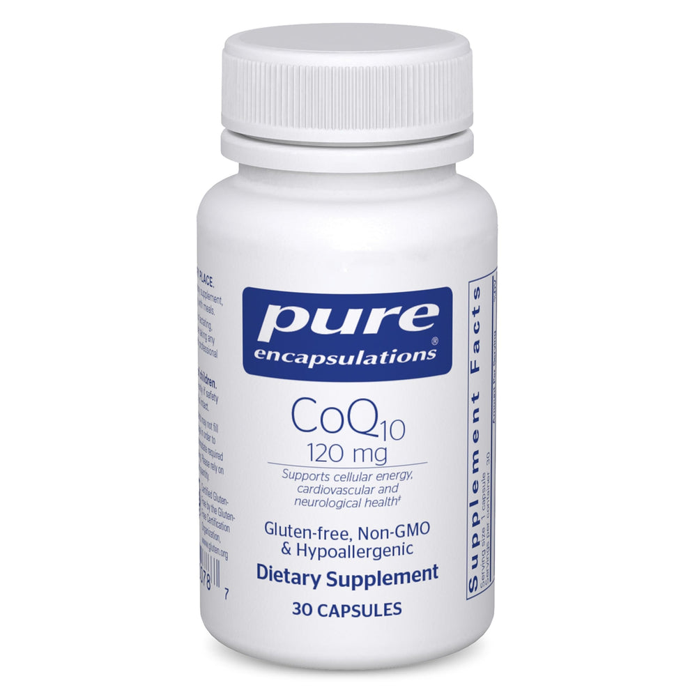 Pure Encapsulations frasco frontal mostrando 30 cápsulas y pureza de la fórmula