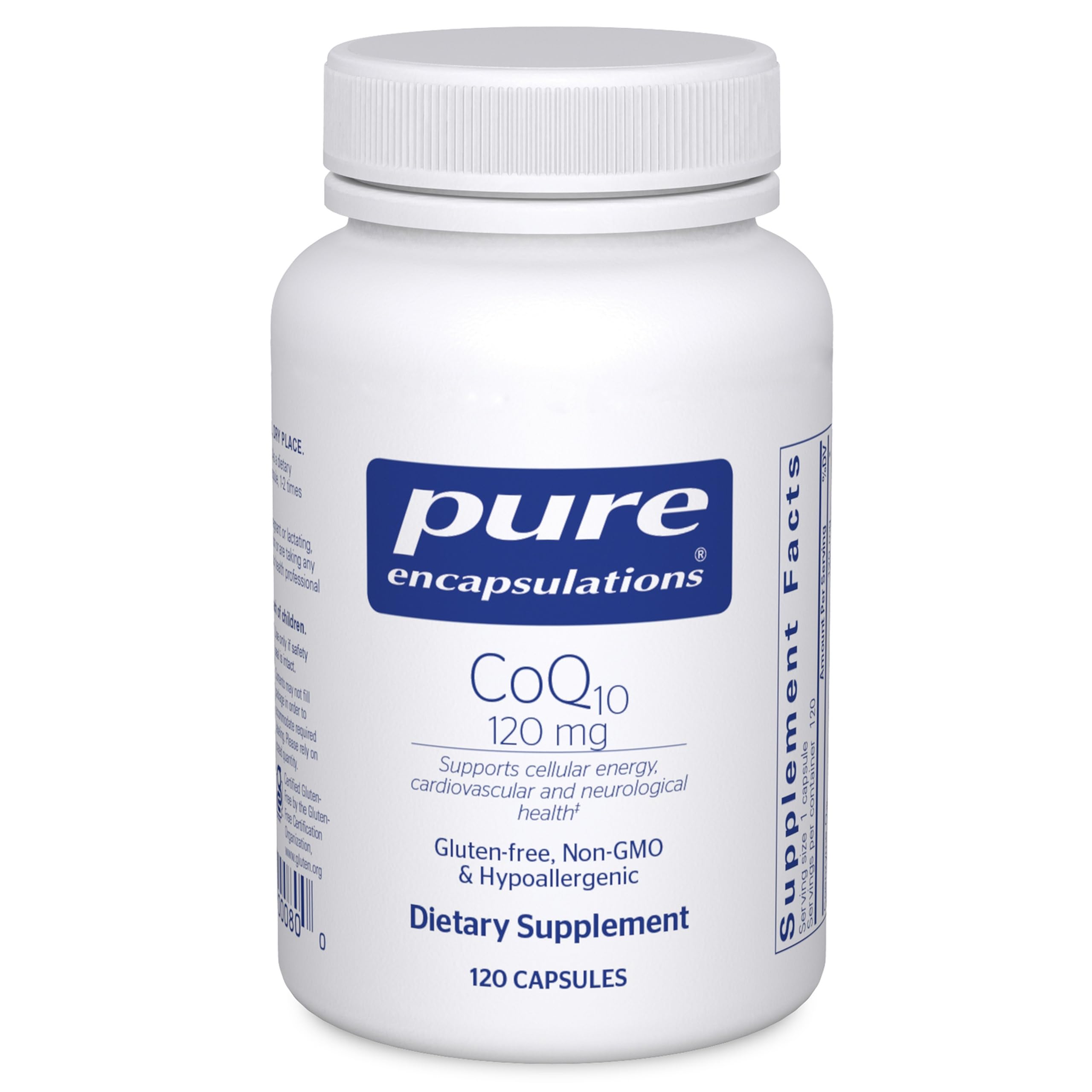 Pure Encapsulations CoQ10 vista frontal mostrando el envase y beneficios