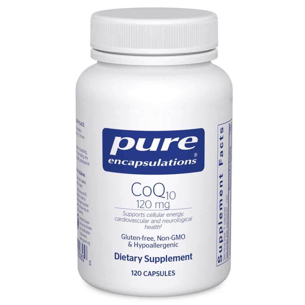 Pure Encapsulations CoQ10 vista frontal mostrando el envase y beneficios