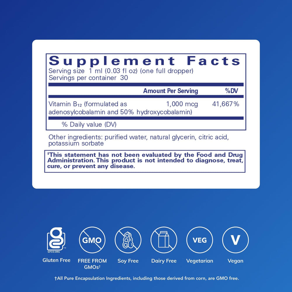Pure Encapsulations detalle de etiqueta con concentración y formas de B12