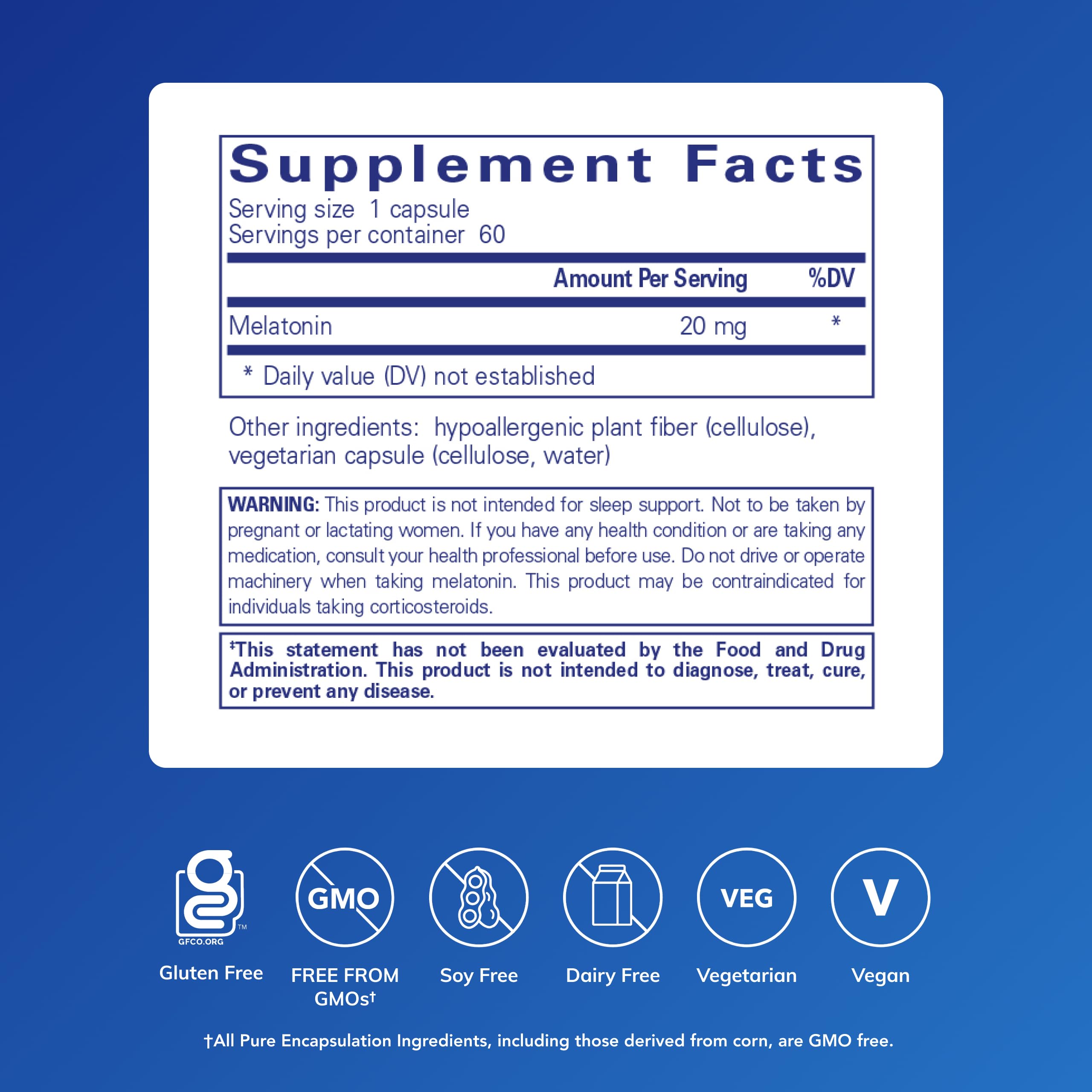 Pure Encapsulations etiqueta con información de 20 mg y beneficios