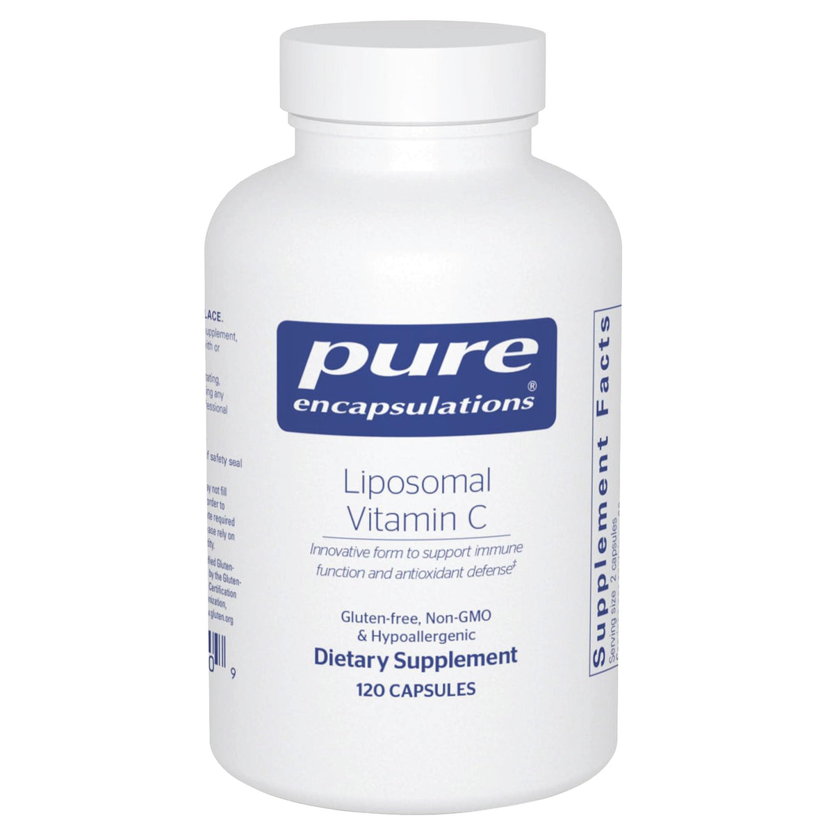Pure Encapsulations frasco delantero mostrando etiqueta y contenedor, presenta confianza