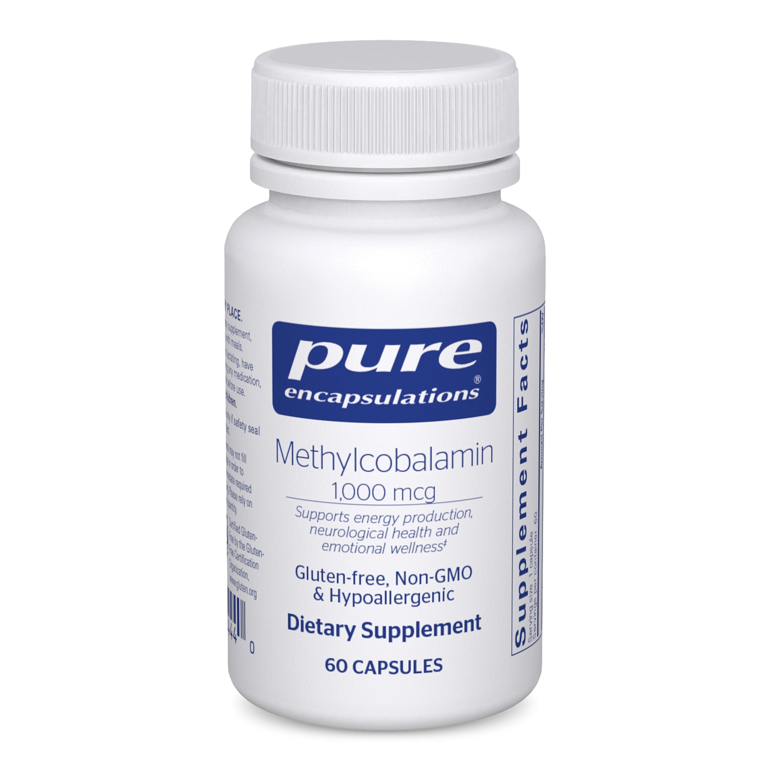 Pure Encapsulations frasco frontal mostrando etiqueta clara y beneficio de pureza