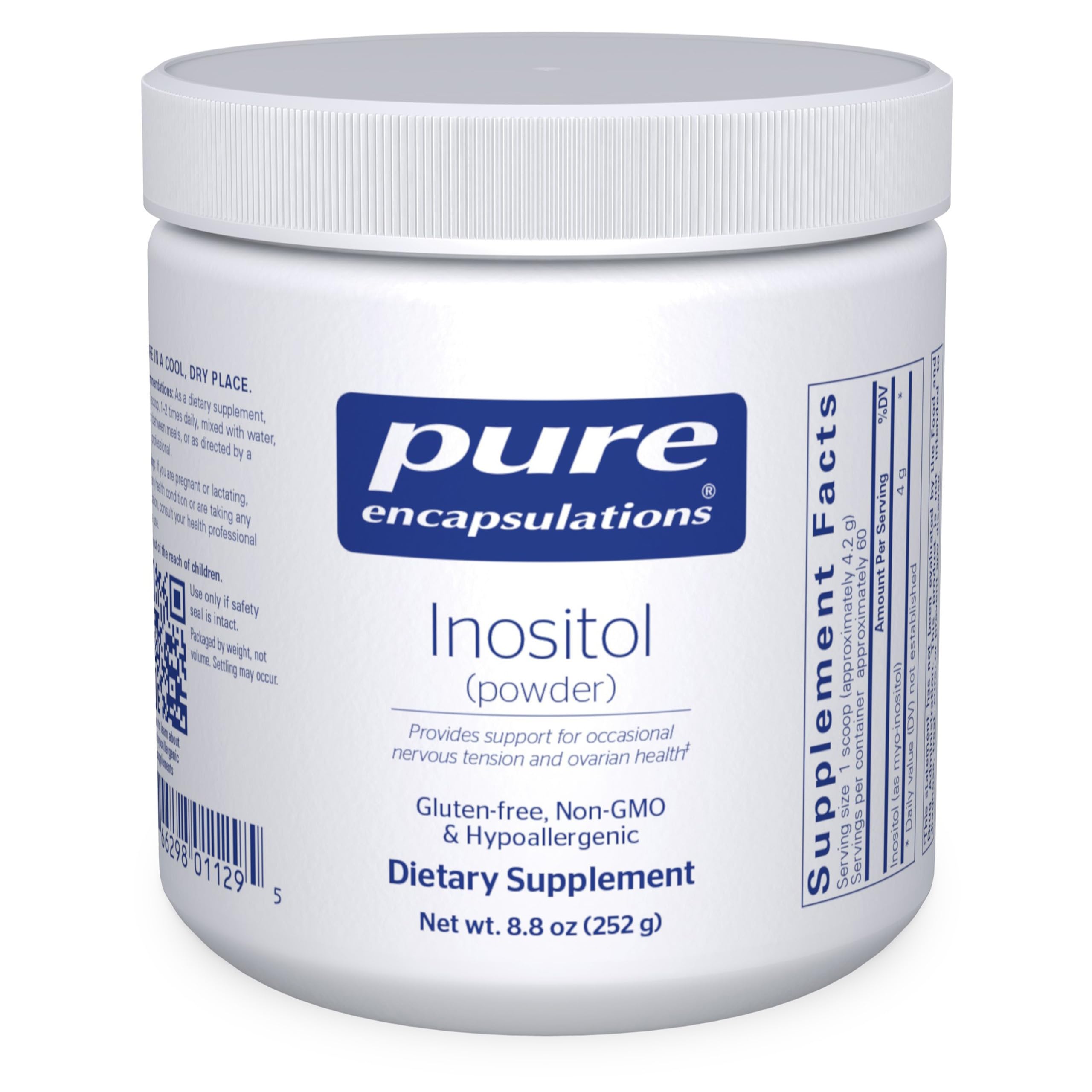 Pure Encapsulations envase frontal mostrando myo-inositol y pureza