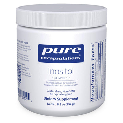 Pure Encapsulations envase frontal mostrando myo-inositol y pureza