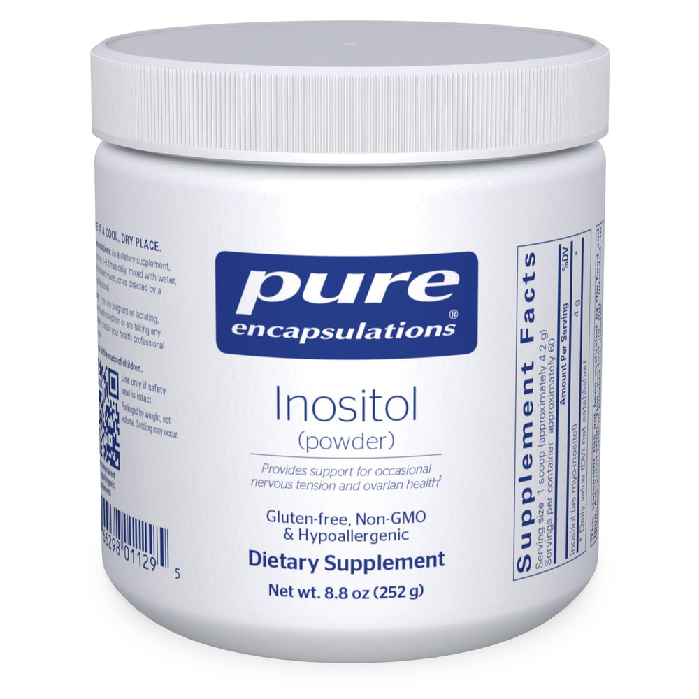 Pure Encapsulations envase frontal mostrando myo-inositol y pureza