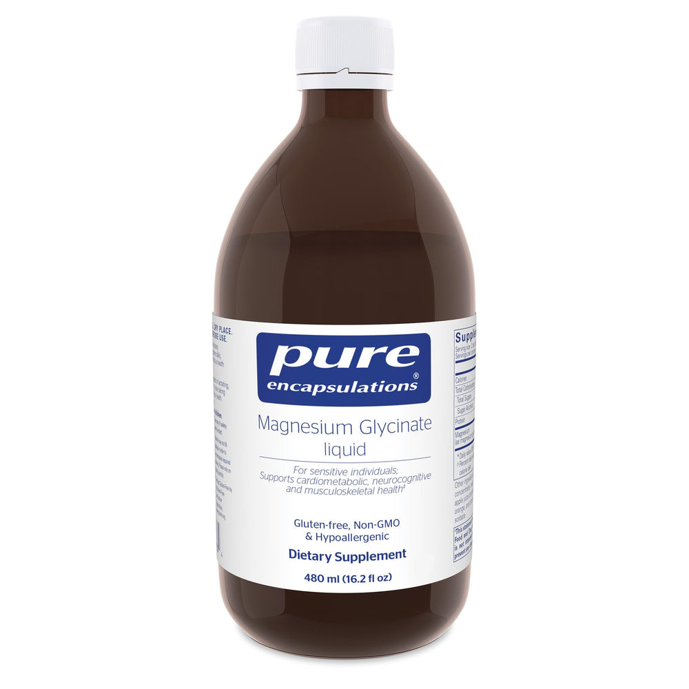 Pure Encapsulations botella frontal de magnesio glicinato líquida mostrando la marca y beneficios