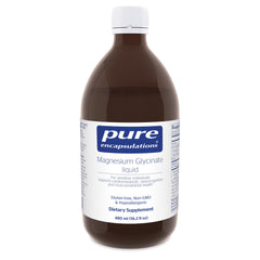 Pure Encapsulations botella frontal de magnesio glicinato líquida mostrando la marca y beneficios