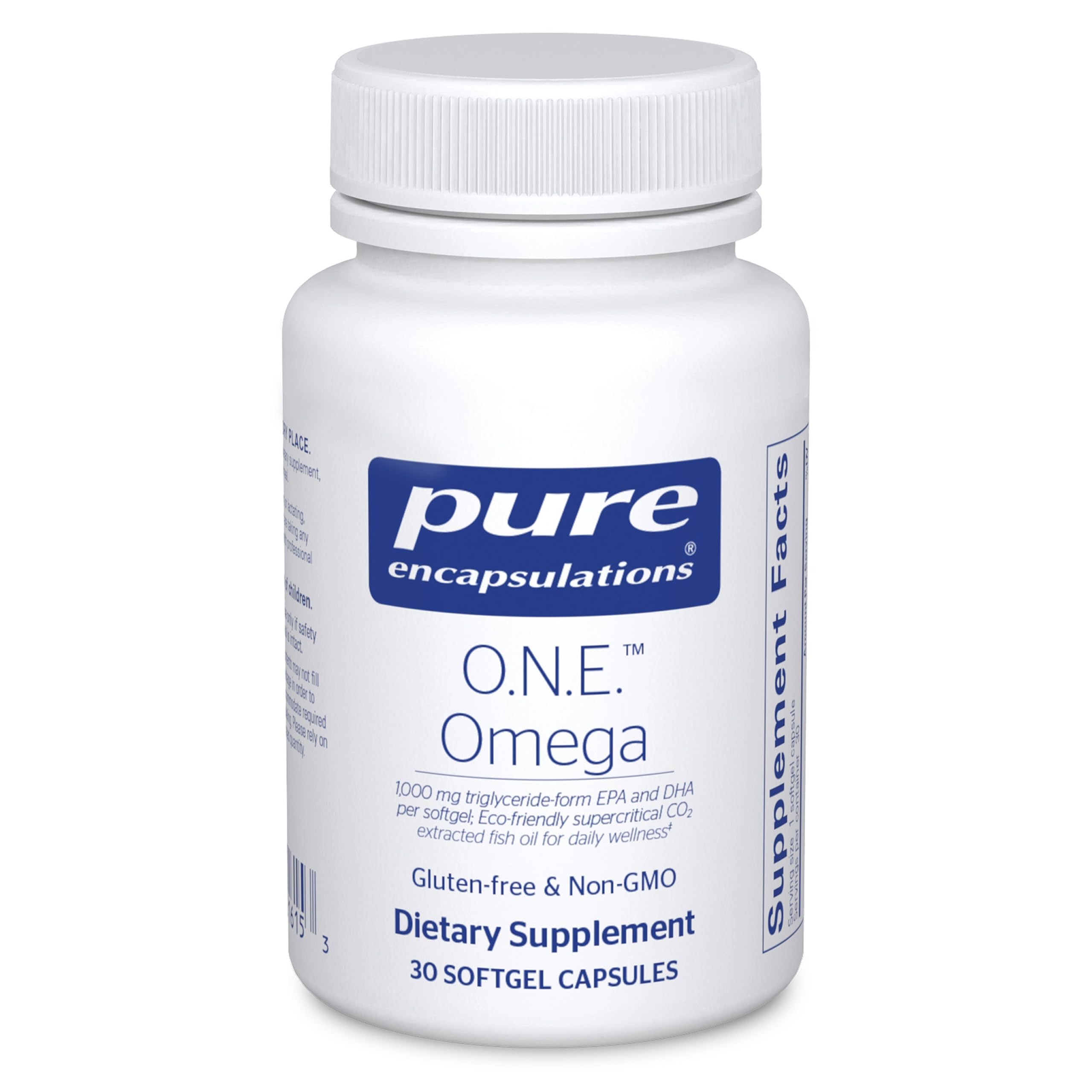 Pure Encapsulations O.N.E. Omega vista frontal del envase destacando pureza y dosis diaria