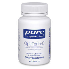 Pure Encapsulations frasco OptiFerin-C mostrando etiqueta y beneficio de pureza