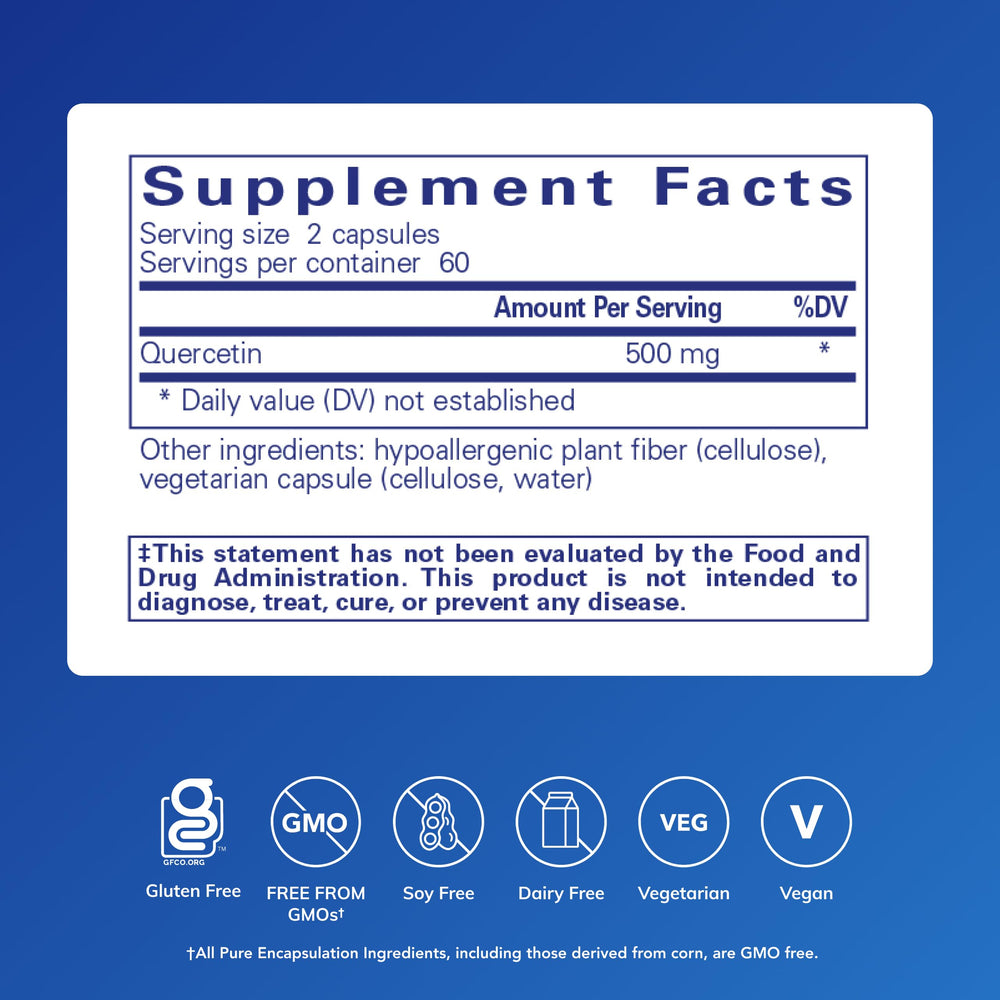 Pure Encapsulations close-up of a single quercetin capsule highlighting easy swallowing