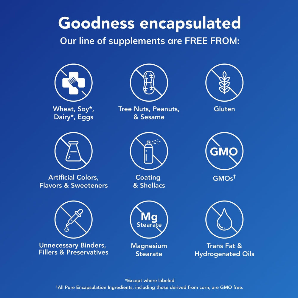 Pure Encapsulations cápsulas junto a alimentos saludables indicando uso diario