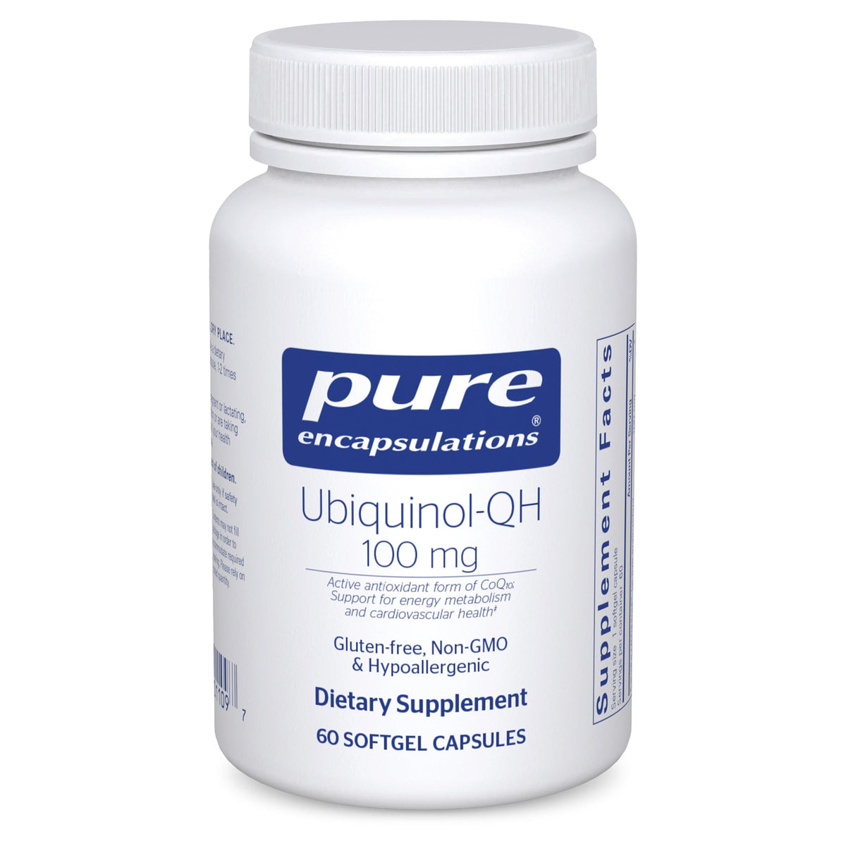Pure Encapsulations envase frontal mostrando Ubiquinol-QH y ventaja de 100 mg por cápsula