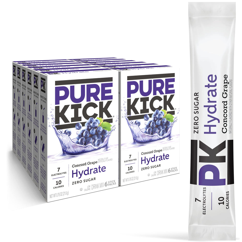 PURE KICK empaque frontal Concord Grape mostrando cantidad de 72 sobres y beneficio de hidratación