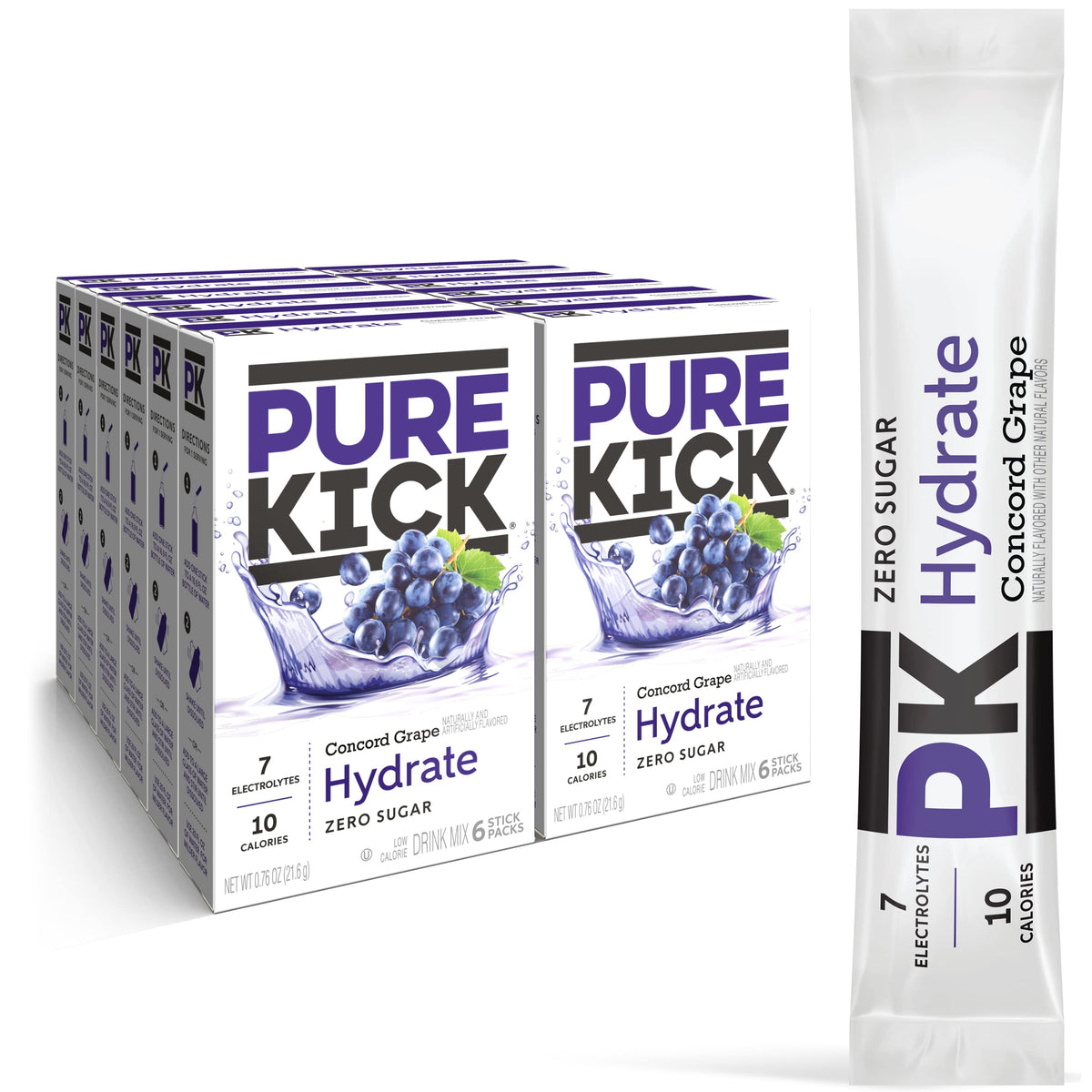PURE KICK empaque frontal Concord Grape mostrando cantidad de 72 sobres y beneficio de hidratación