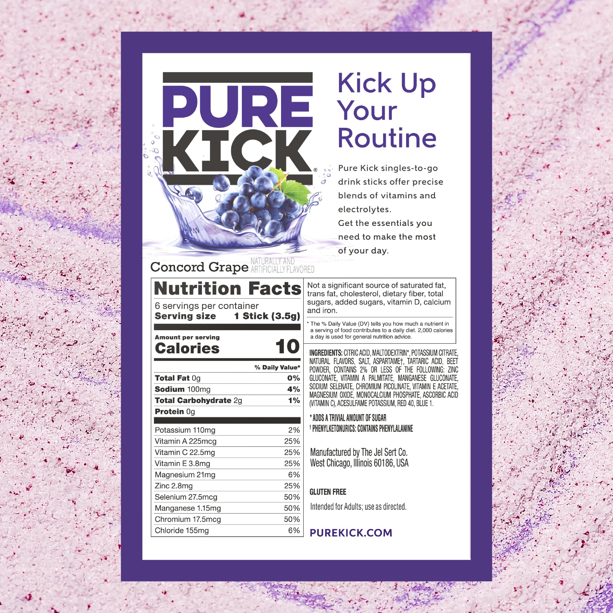 PURE KICK etiqueta con lista de minerales y vitaminas mostrando aporte de zinc y vitaminas B
