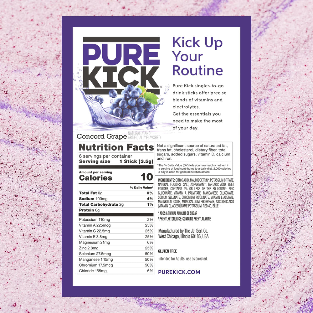 PURE KICK etiqueta con lista de minerales y vitaminas mostrando aporte de zinc y vitaminas B