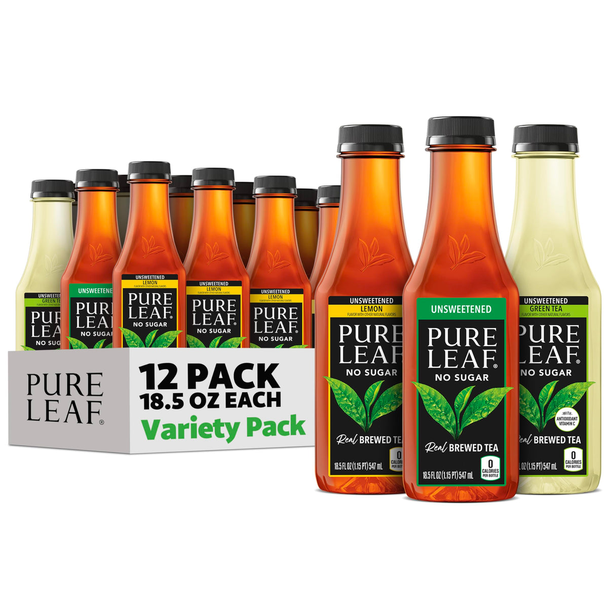 Pure Leaf pack frontal mostrando las 12 botellas y variedad de sabores para conveniencia