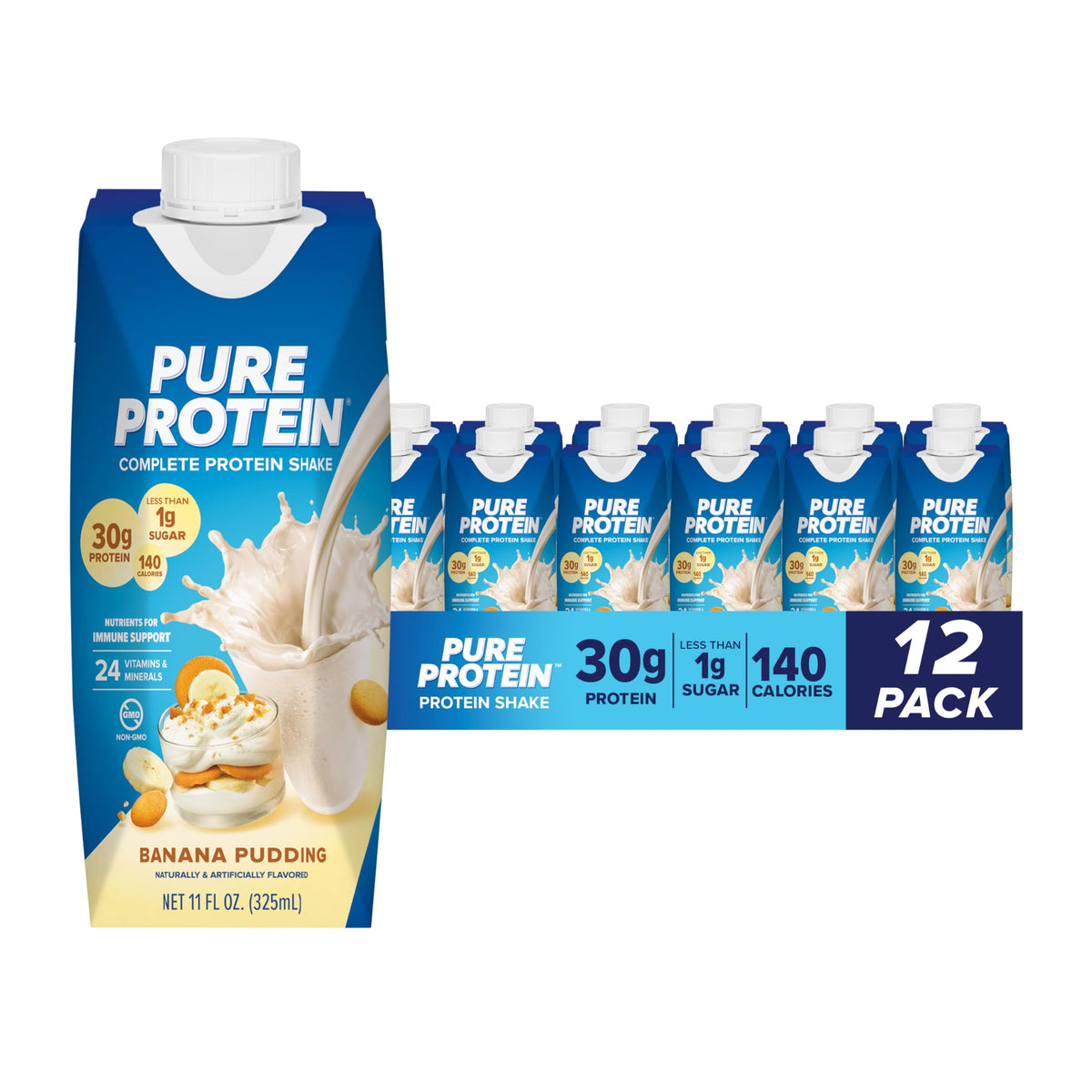 Pure Protein botella frontal Banana Pudding mostrando diseño y aporte proteico