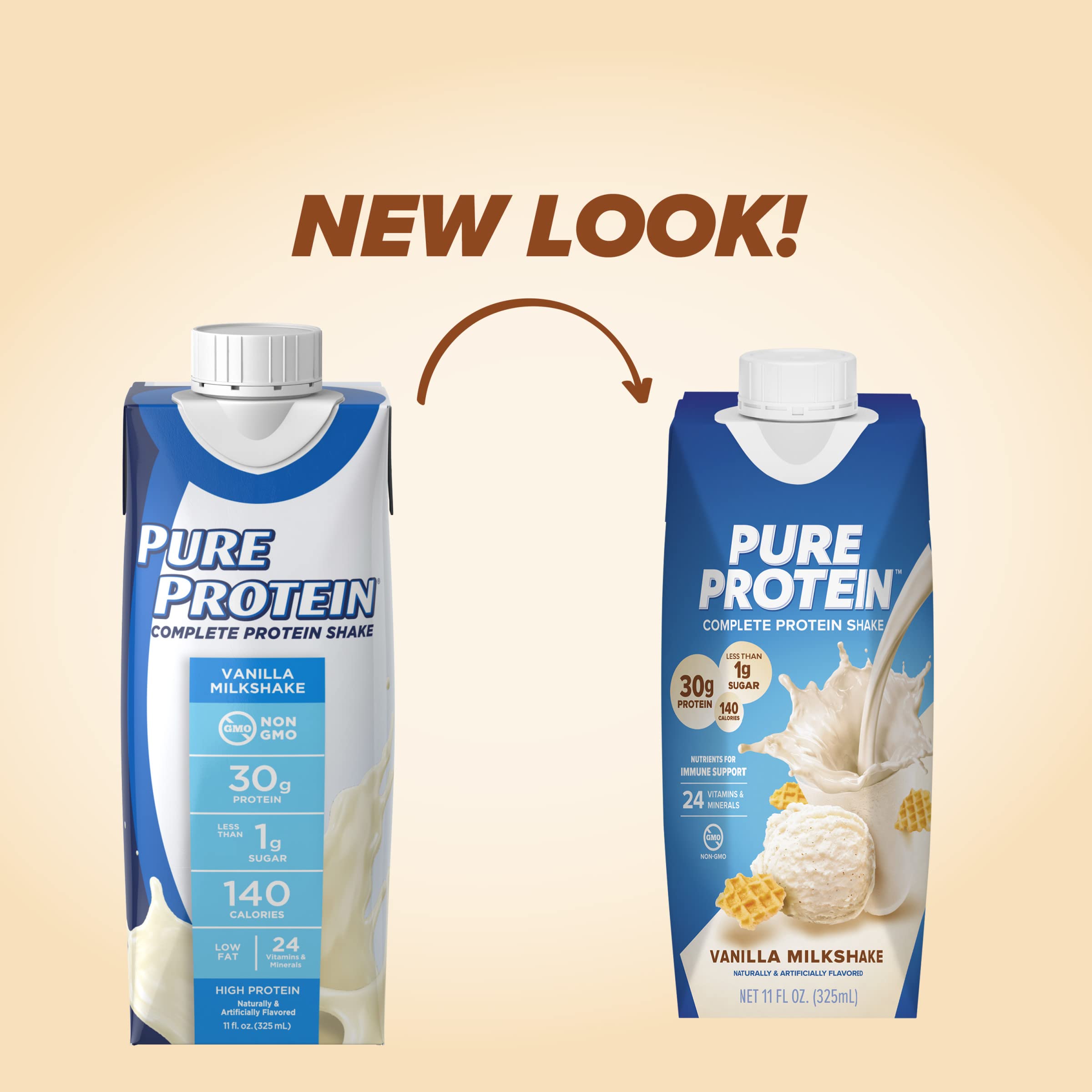 Pure Protein etiqueta con información de vitaminas y nutrientes clave