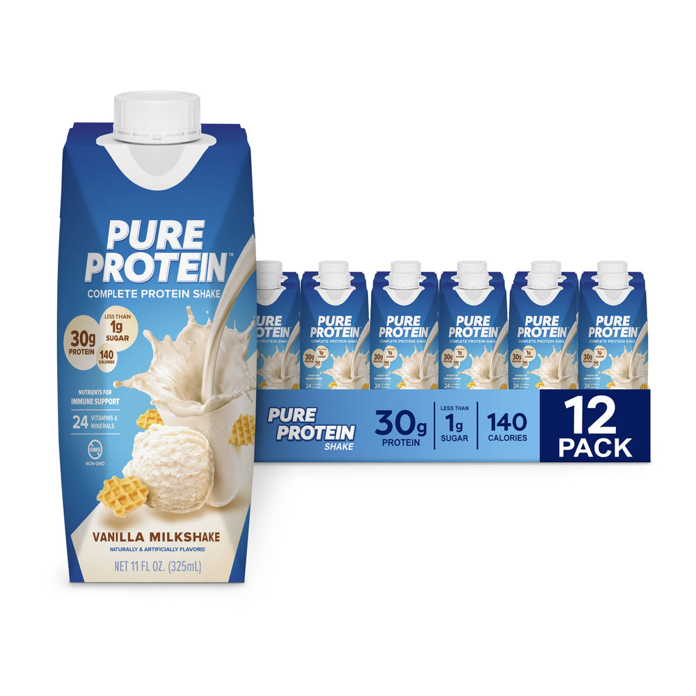 Pure Protein envase frontal mostrando 30 g proteína y bajo en azúcar
