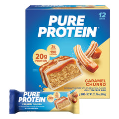 Pure Protein empaque frontal con sabor Caramel Churro mostrando beneficios