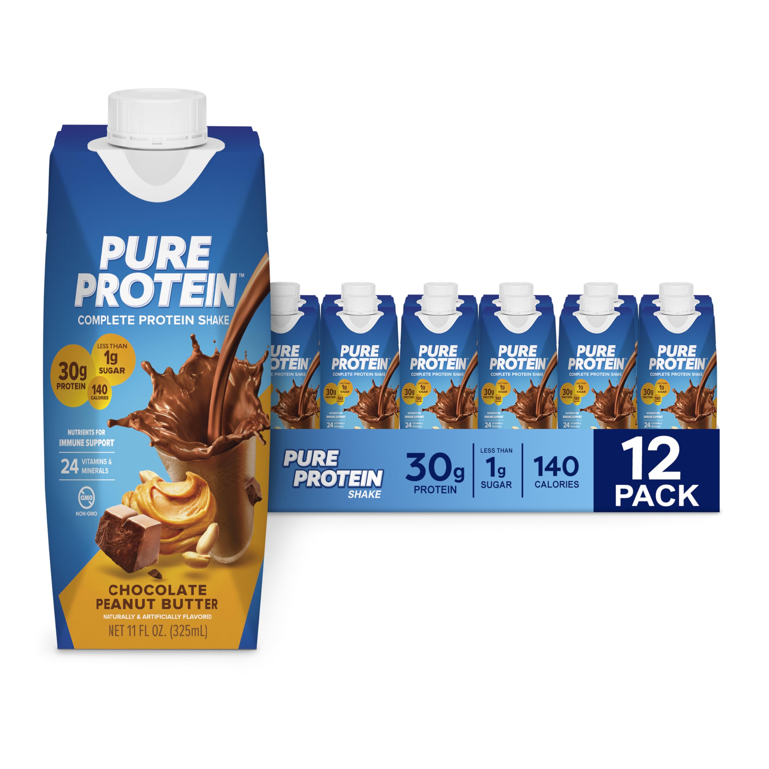 Pure Protein frente del envase mostrando sabor chocolate mantequilla de cacahuete y beneficio proteico