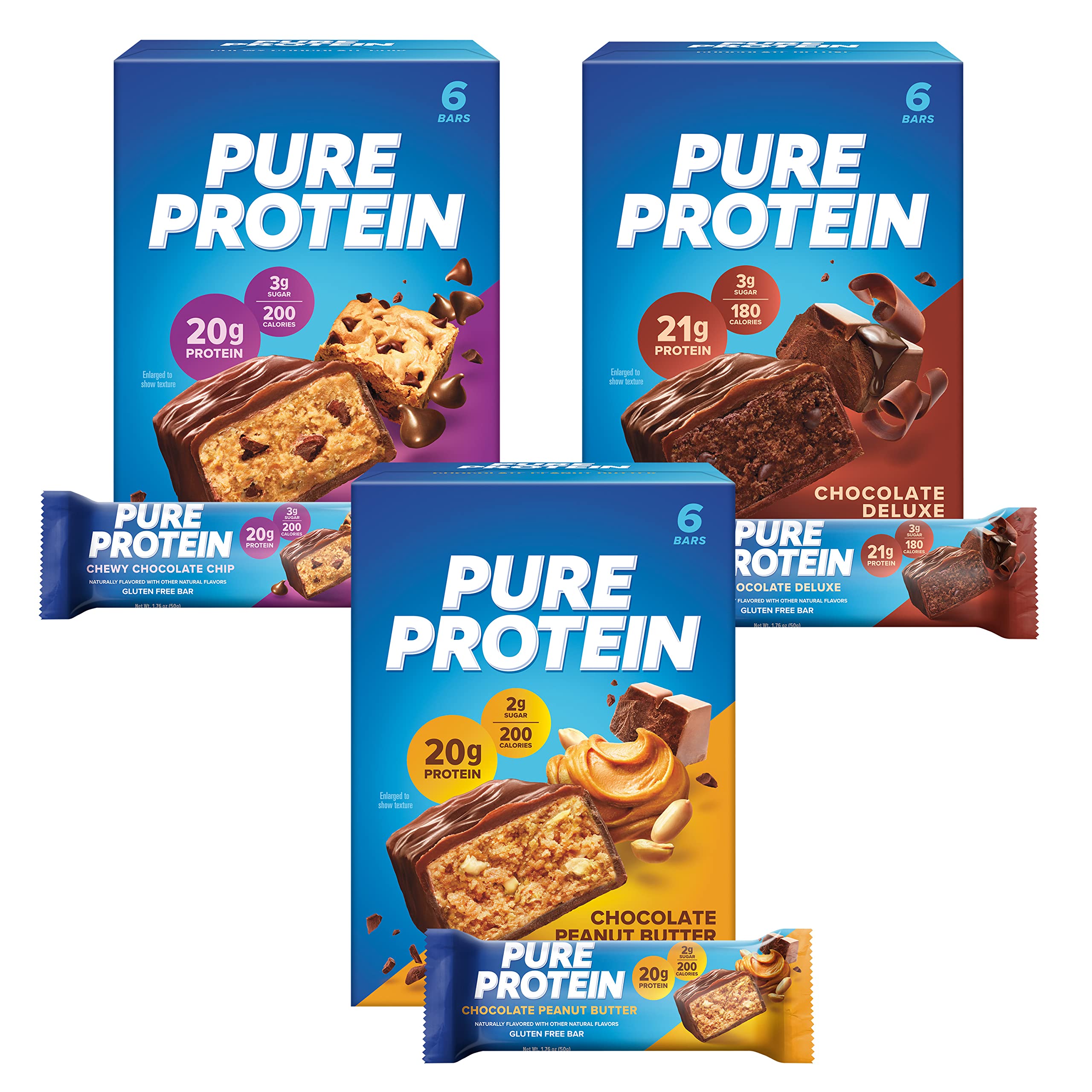 Pure Protein caja frontal mostrando las 18 barras y conveniencia pronta