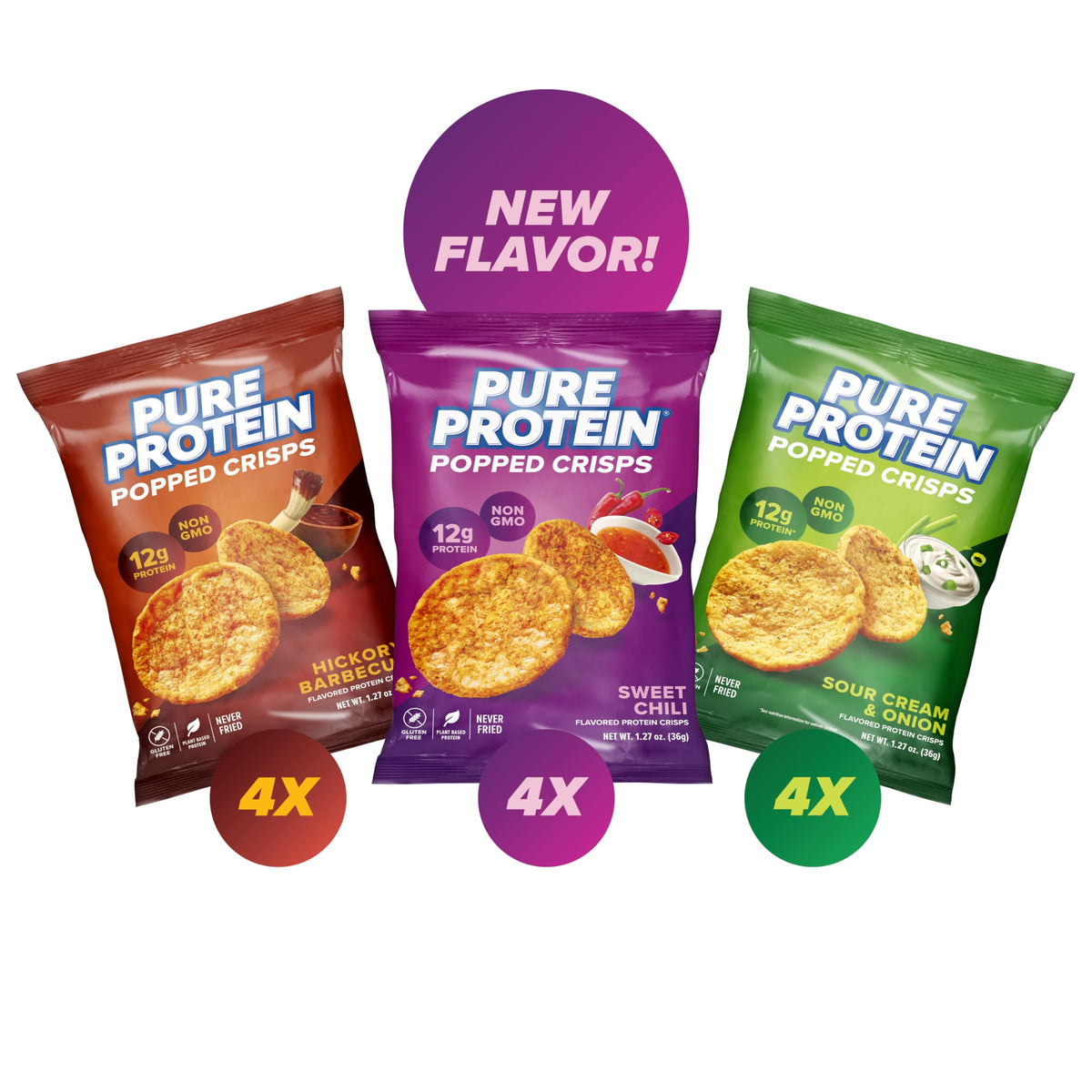 Pure Protein vista frontal del pack variado mostrando las tres variedades y conveniencia