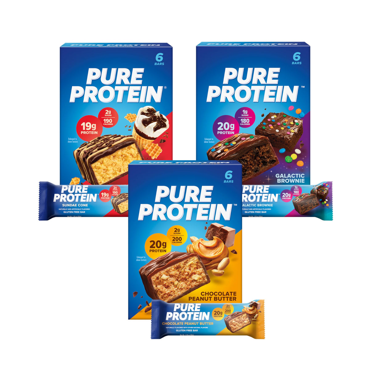 Pure Protein vista frontal del paquete variedad 18 barras útil para compras