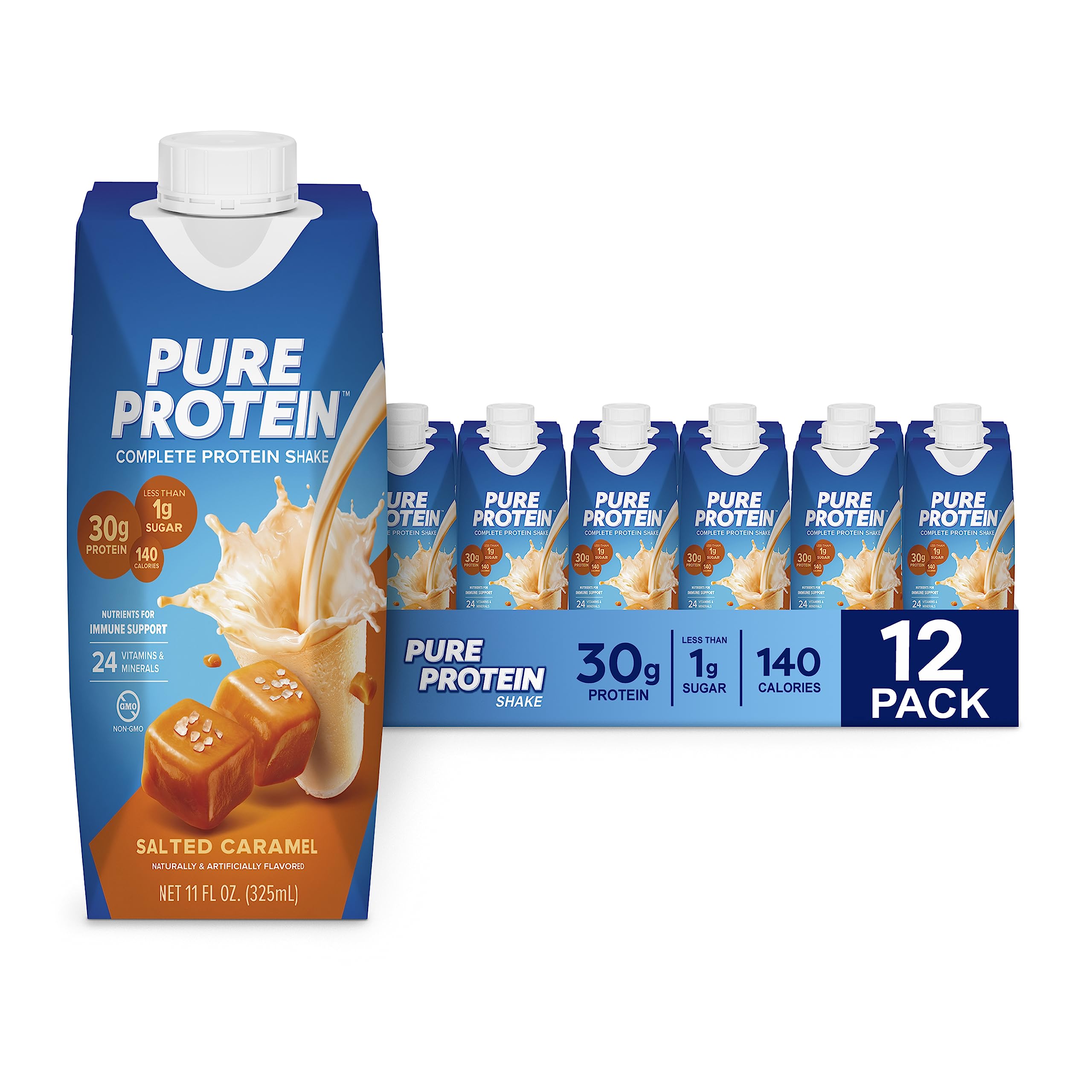 Pure Protein envase frontal con sabor salted caramel mostrando etiqueta y beneficio proteico
