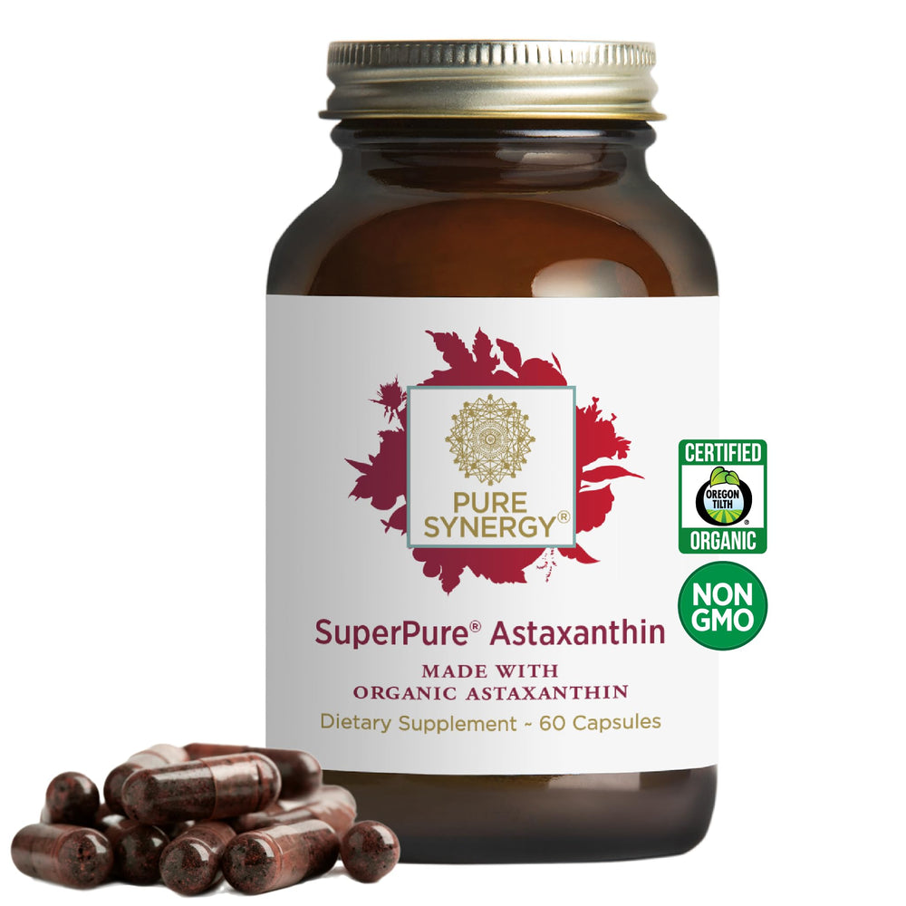 PURE SYNERGY frasco frontal mostrando etiquetado orgánico y tamaño