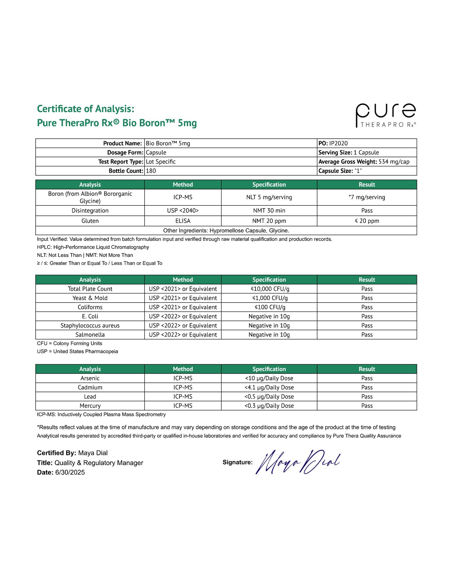 Pure Therapro Rx tabla nutricional ampliada que destaca información clave