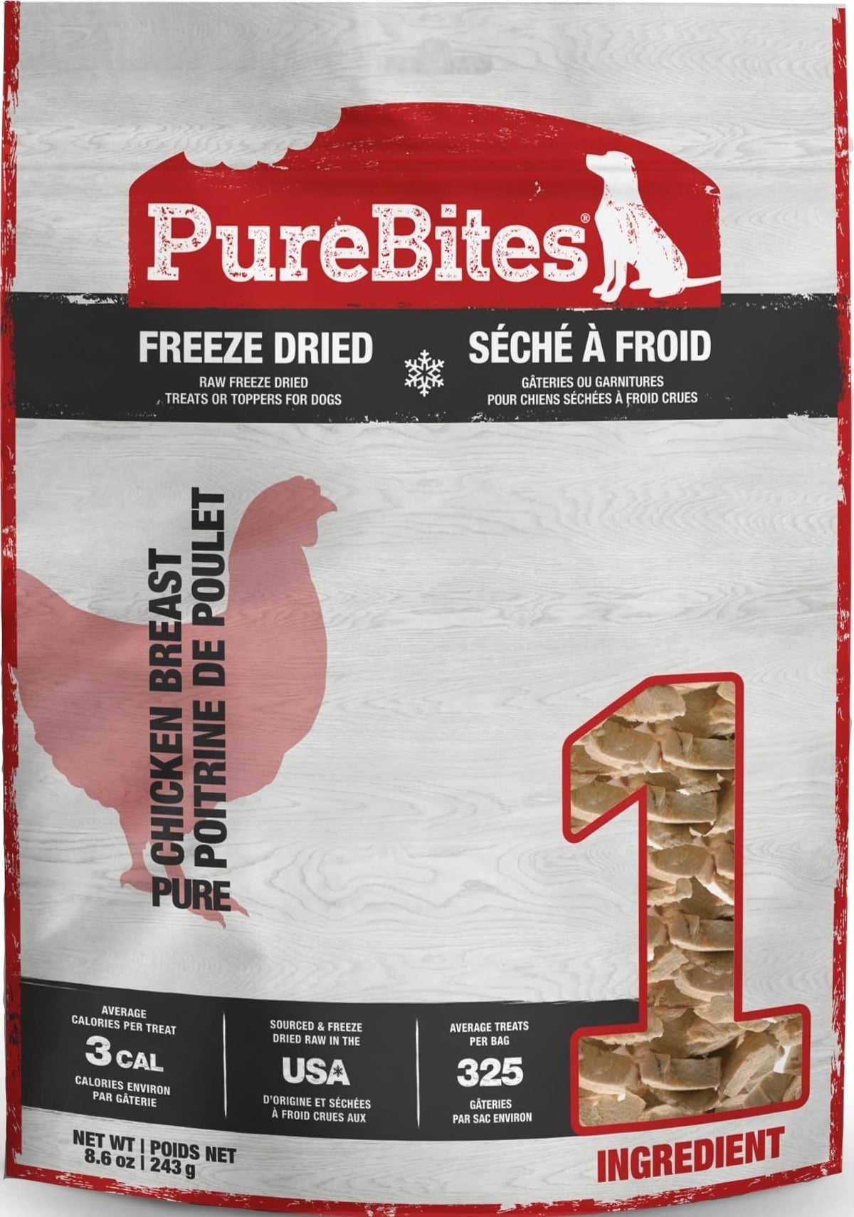 PureBites frente del empaque mostrando el tamaño y el etiquetado claro