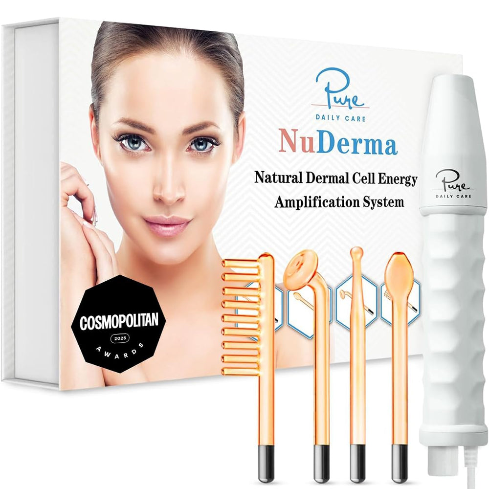 Pure Daily Care NuDerma front view showing handheld design and neon head for easy home treatments