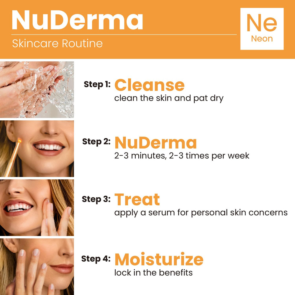 Pure Daily Care NuDerma in use on face demonstrating gentle neon therapy for brighter texture