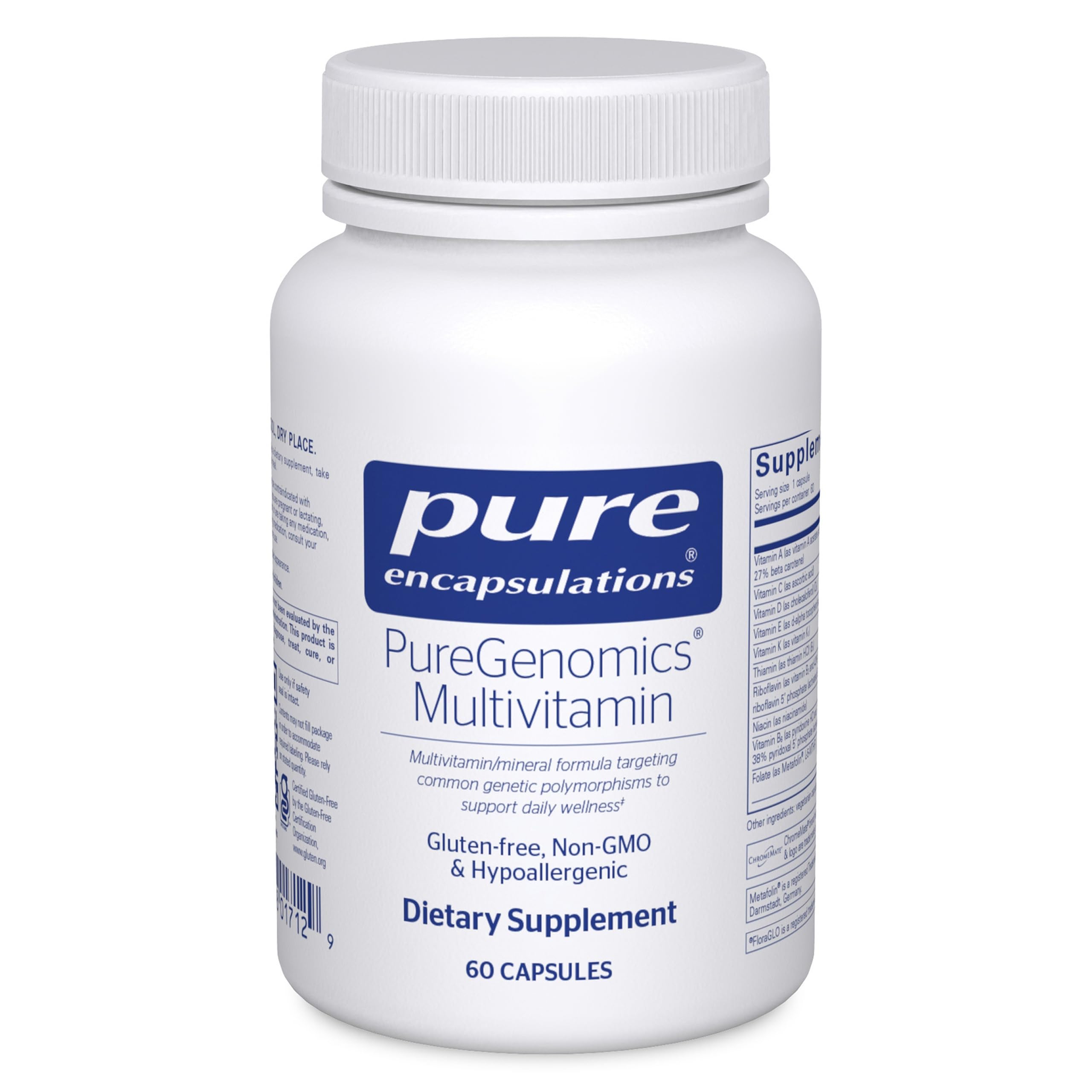Pure Encapsulations envase frontal PureGenomics mostrando información clara y confianza