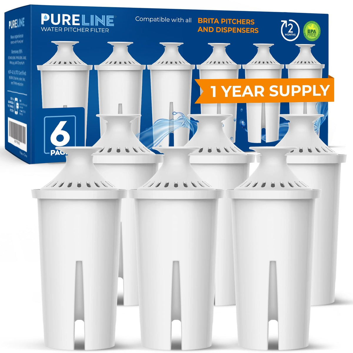 PURELINE pack de seis filtros frente mostrando compatibilidad y ahorro