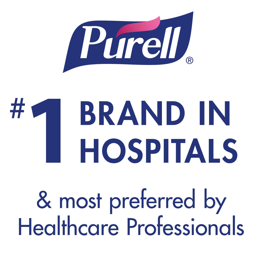 Purell comparación de tamaño con mano para demostrar portabilidad