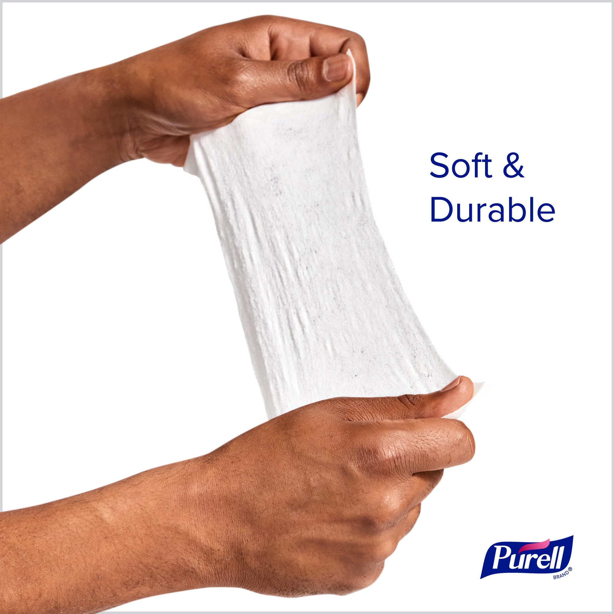 Purell comparación de tamaño con manos, formato compacto y portátil