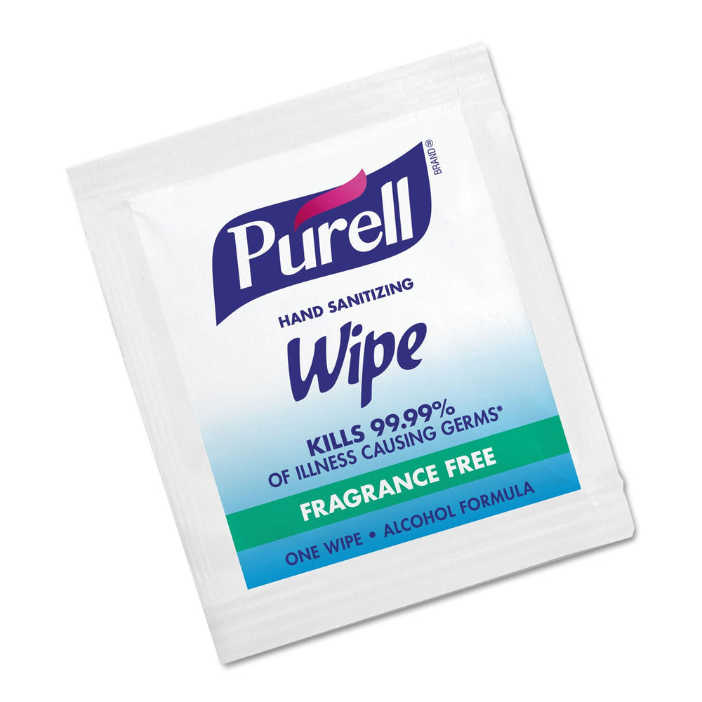 Purell frente del empaque mostrando 100 toallitas, práctico para viajes