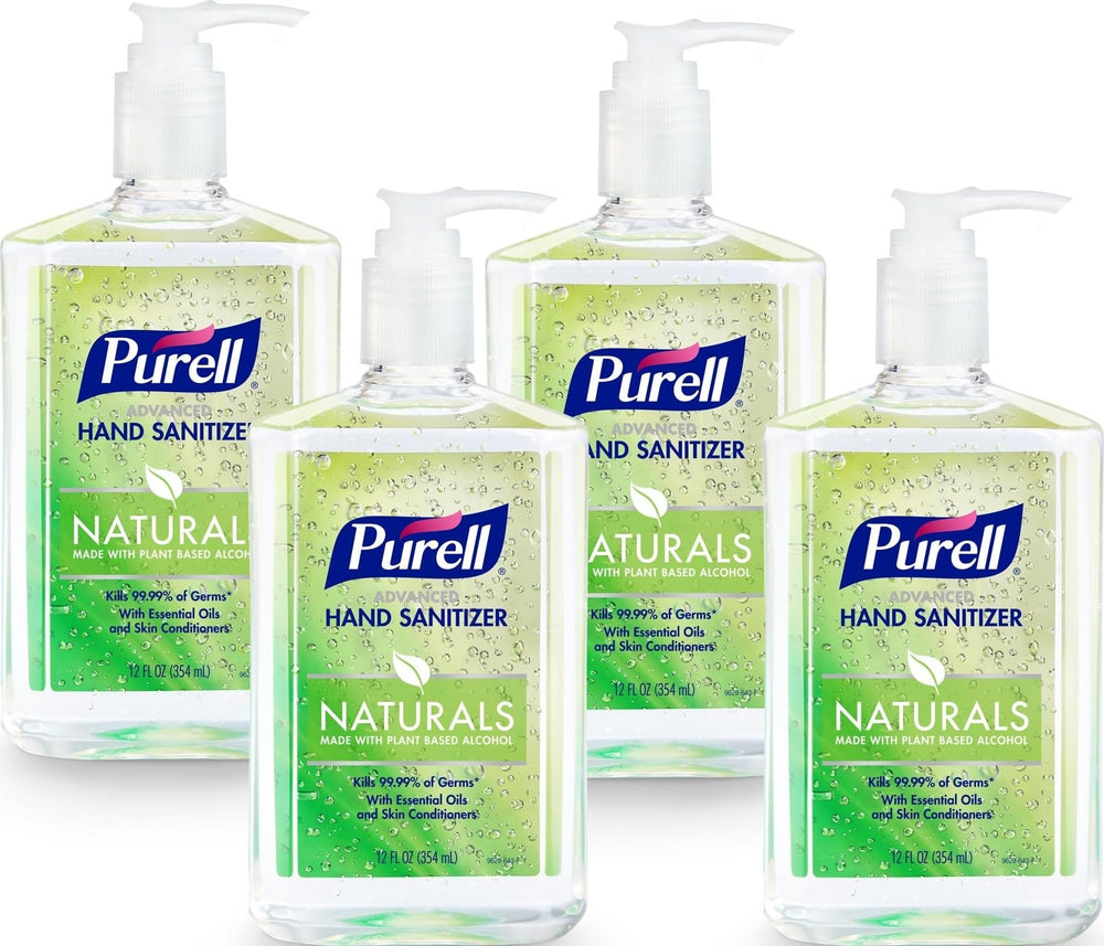 Purell Naturals frente del paquete mostrando cuatro botellas y uso doméstico