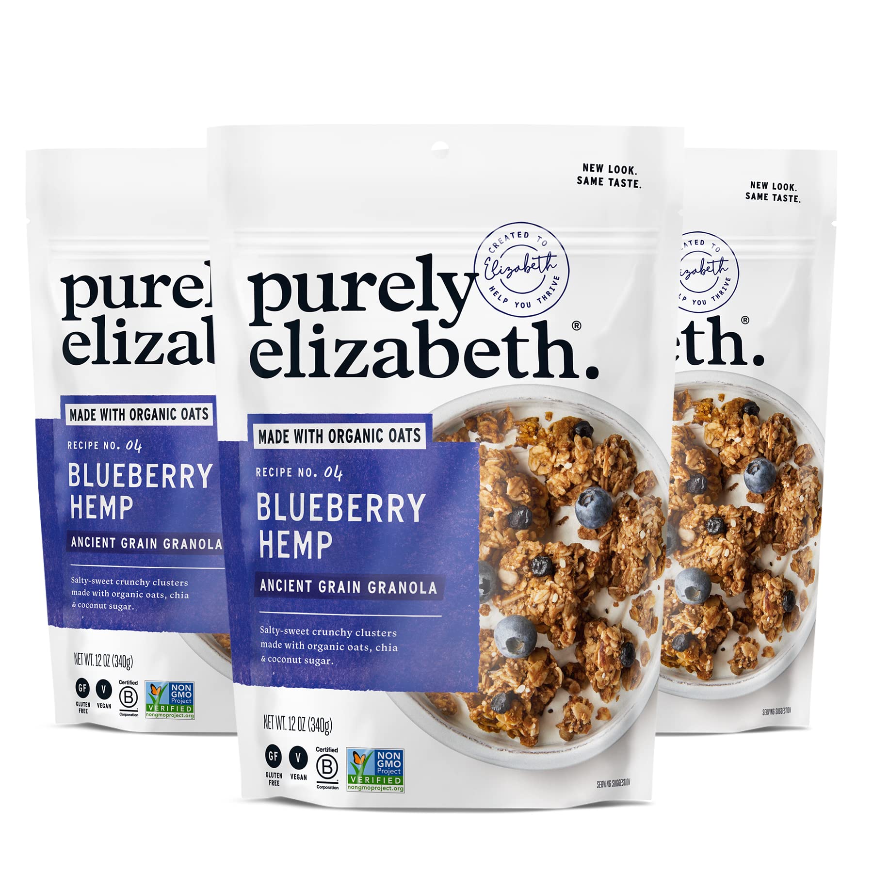 Purely Elizabeth front packaging showing blueberry hemp granola and pack benefits