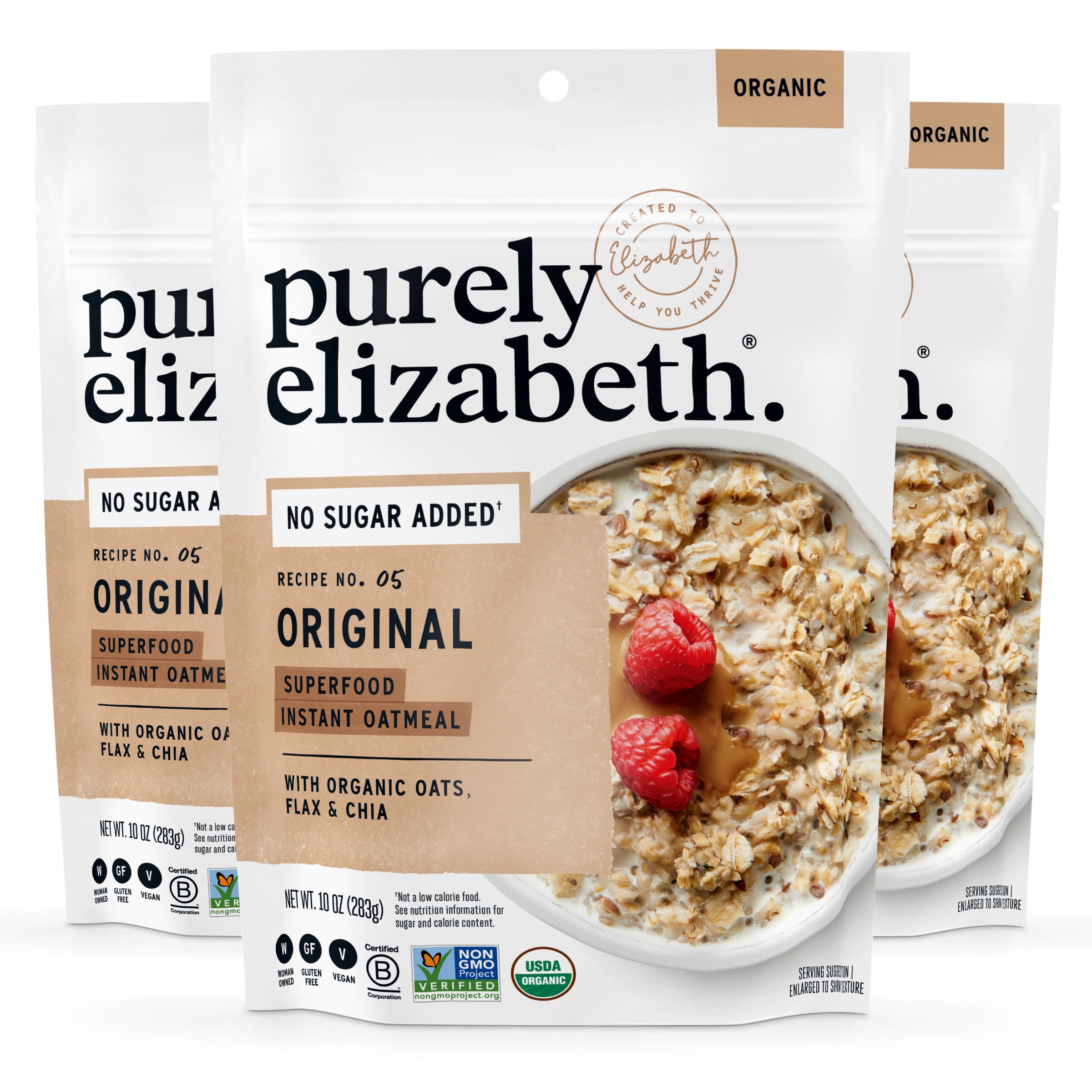 Purely Elizabeth vista frontal del empaque mostrando sello orgánico y sin gluten