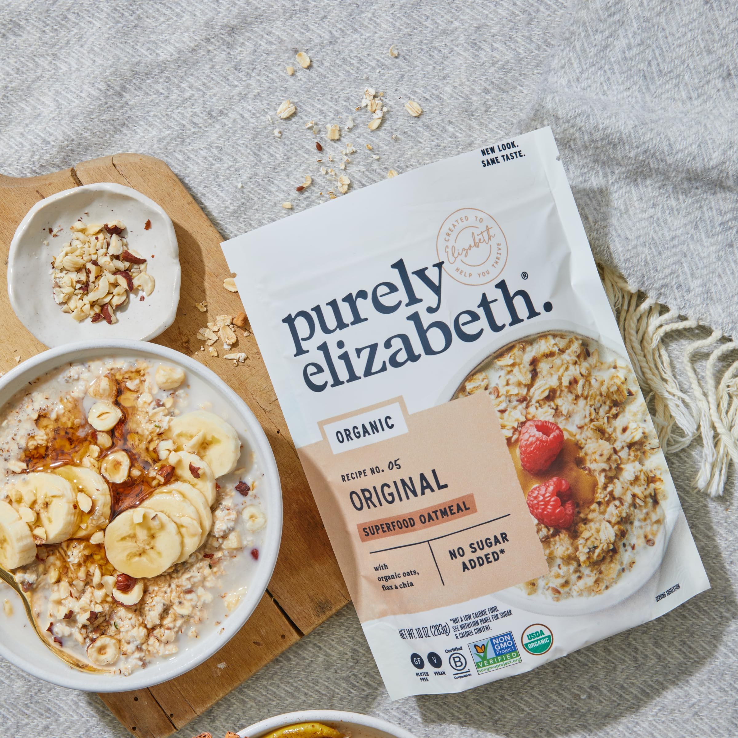 Purely Elizabeth ingredientes secos: quinoa, amaranto, chía y linaza expuestos