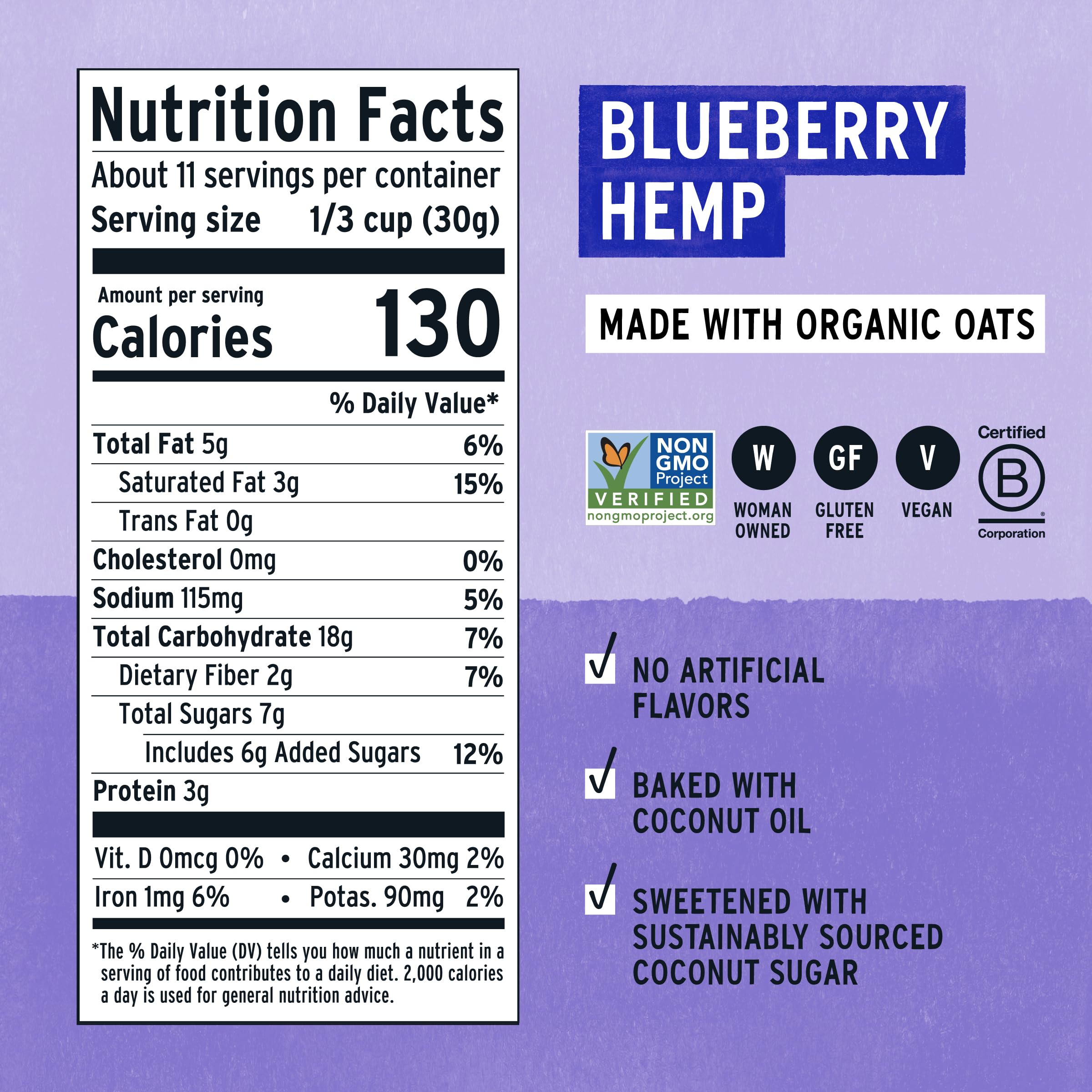 Purely Elizabeth nutrition label and claims indicating gluten-free and vegan benefits